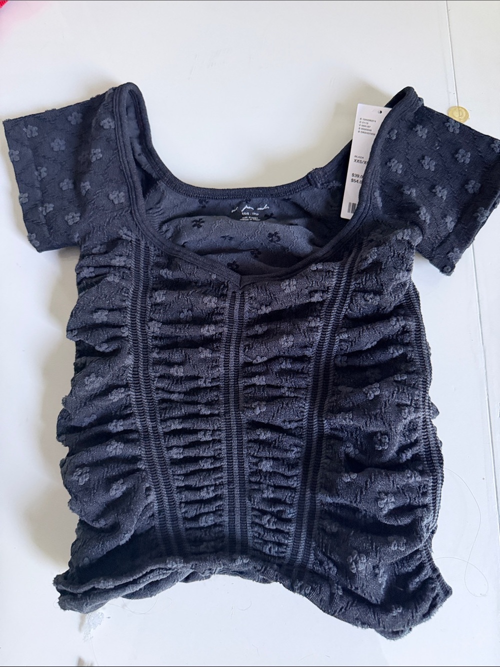 Urban Outfitters Black Smocked Jacquard Short Sleeve Top